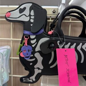 NEW Betsey Johnson Black and Silver SKELETON DACHSHUND Crossbody Bag